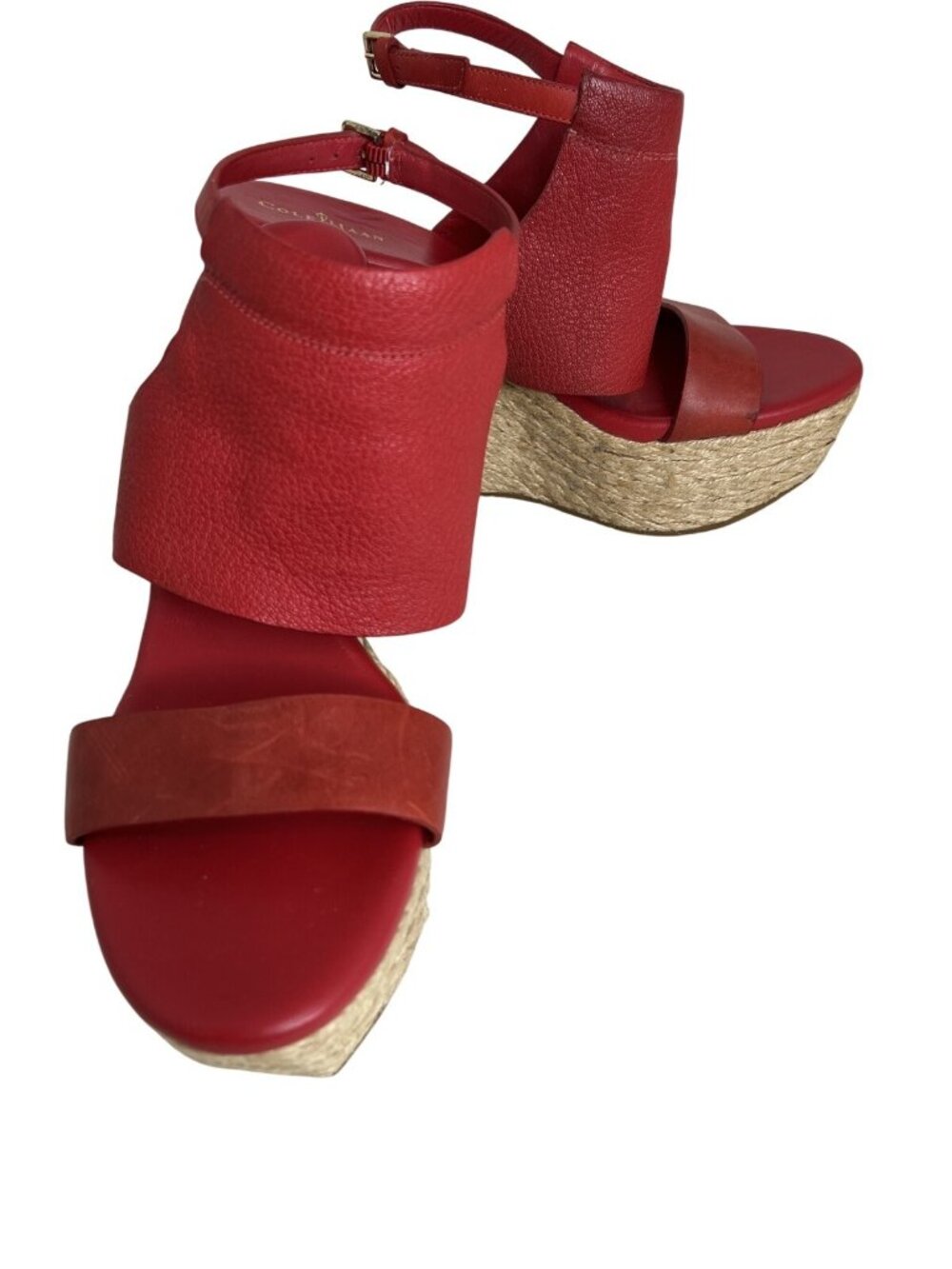 Cole Haan Red Leather Wedge Sandals With Ankle Strap & Jute Soles size 8.5